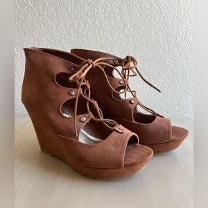 Sugar, 9 1/2, Brown suede lace up wedges. Zipper near heel.